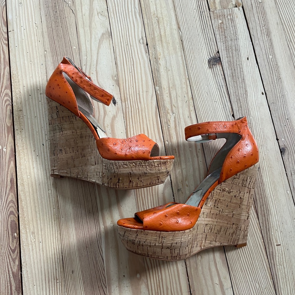 Michael Kors Orange Ostrich Embossed Cork Platform Ariana Wedge Sandals 8M y2k - Picture 6 of 7